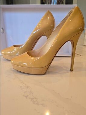 Jimmy Choo Beige Patent Platform Stiletto Pumps